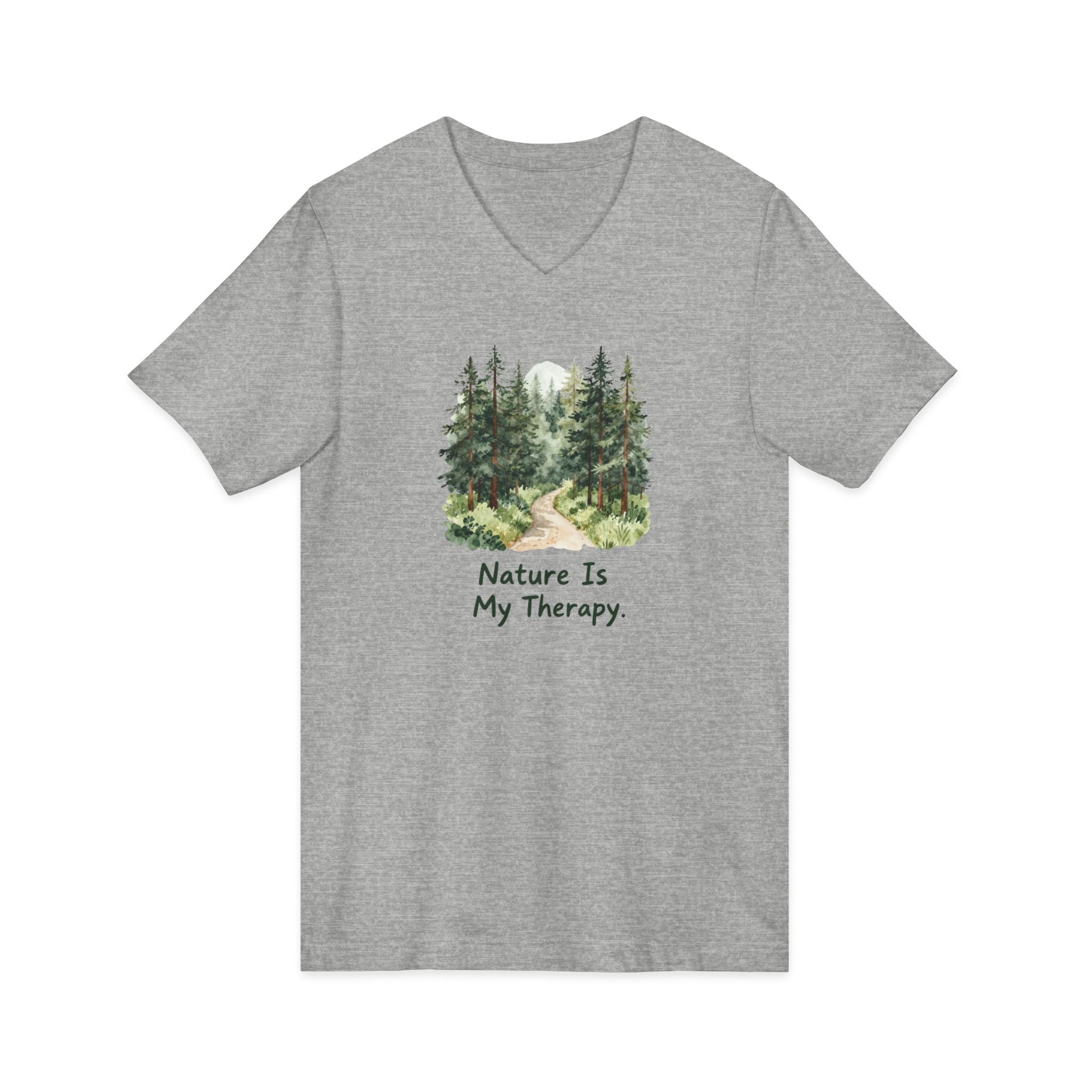 Nature Is My Therapy V-Neck Tee — Forest Watercolor Hiking Shirt
