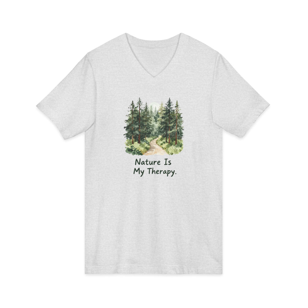 Nature Is My Therapy V-Neck Tee — Forest Watercolor Hiking Shirt